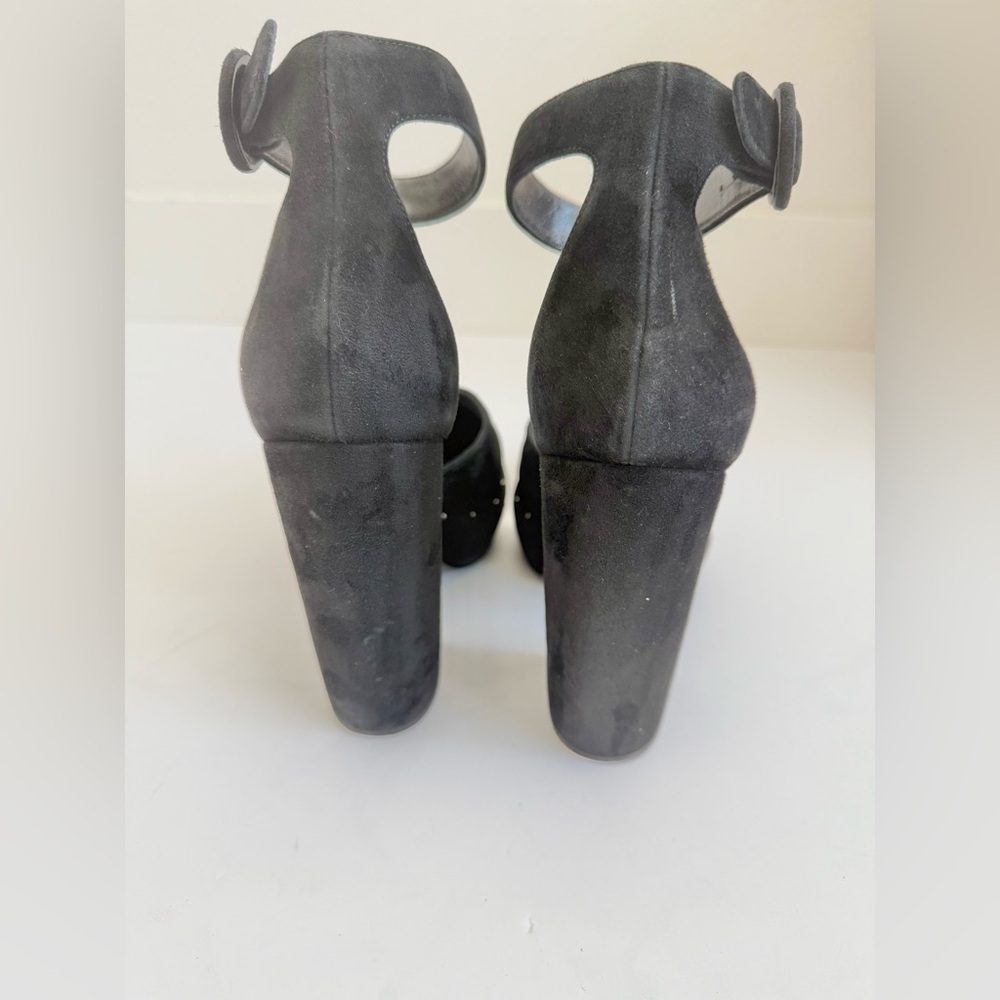 Prada Black Suede Leather Rhinestone embellished ankle strap chunky heel sandals - Picture 6 of 11